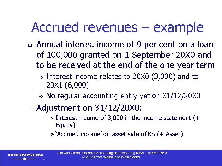 Accrued revenues – example q Annual interest income of 9 per cent on a