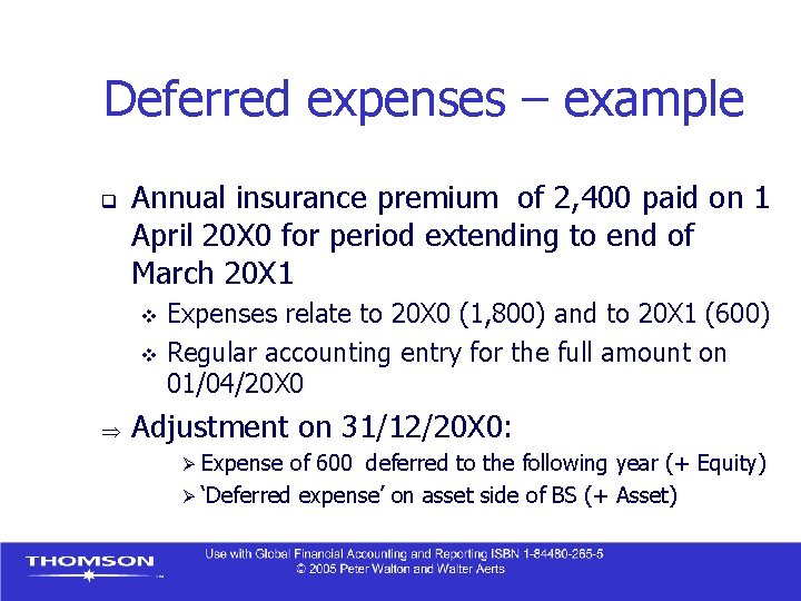 Deferred expenses – example q Annual insurance premium of 2, 400 paid on 1