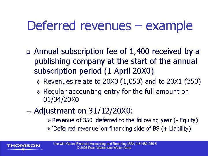 Deferred revenues – example q Annual subscription fee of 1, 400 received by a