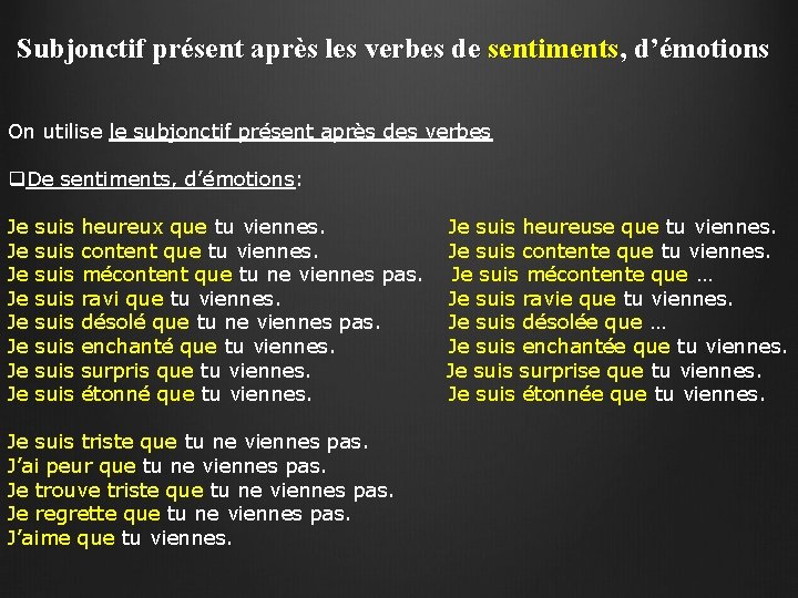 Subjonctif présent après les verbes de sentiments, d’émotions On utilise le subjonctif présent après