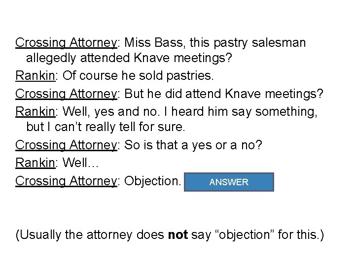 Crossing Attorney: Miss Bass, this pastry salesman allegedly attended Knave meetings? Rankin: Of course