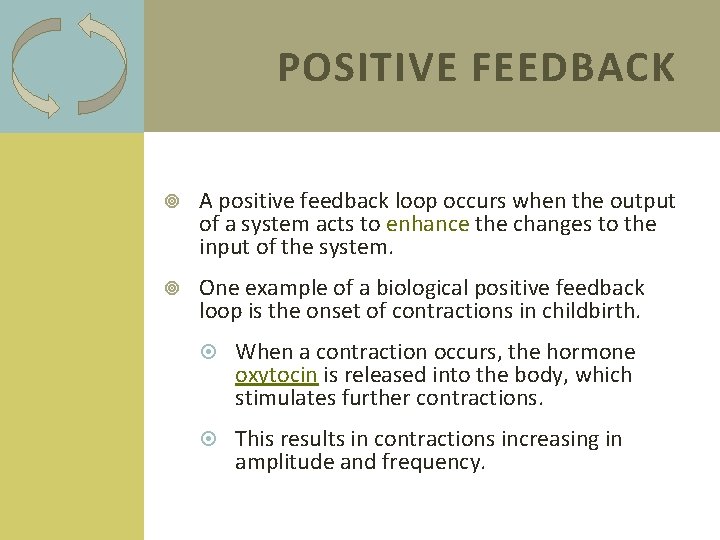 POSITIVE FEEDBACK A positive feedback loop occurs when the output of a system acts