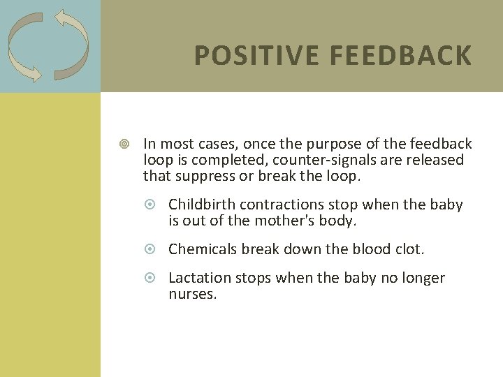 POSITIVE FEEDBACK In most cases, once the purpose of the feedback loop is completed,