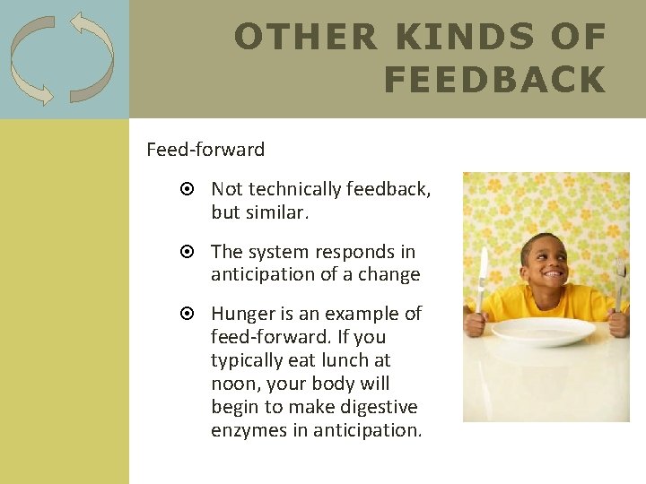 OTHER KINDS OF FEEDBACK Feed-forward Not technically feedback, but similar. The system responds in