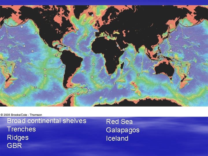 Broad continental shelves Trenches Ridges GBR Red Sea Galapagos Iceland 