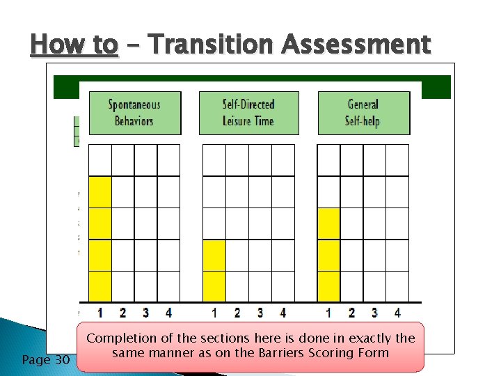 How to – Transition Assessment Page 30 Completion of the sections here is done How to – Transition Assessment Page 30 Completion of the sections here is done