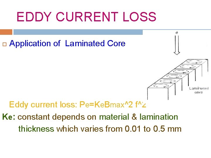 EDDY CURRENT LOSS Application of Laminated Core Eddy current loss: Pe=Ke. Bmax^2 f^2 Ke: