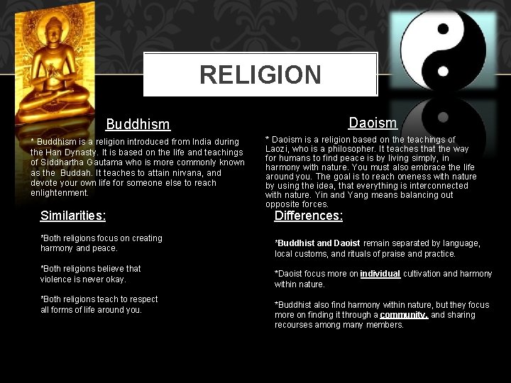 RELIGION Buddhism Daoism * Buddhism is a religion introduced from India during the Han