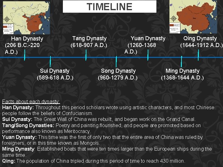 TIMELINE Han Dynasty (206 B. C. -220 A. D. ) Tang Dynasty (618 -907