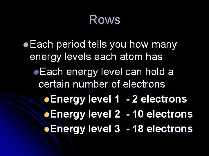 Rows l Each period tells you how many energy levels each atom has l.