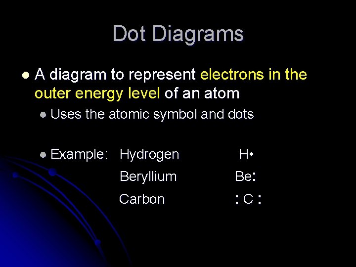 Dot Diagrams l A diagram to represent electrons in the outer energy level of