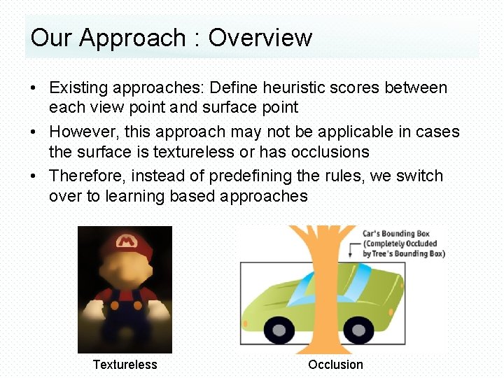 Our Approach : Overview • Existing approaches: Define heuristic scores between each view point