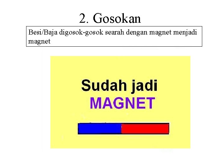2. Gosokan Besi/Baja digosok-gosok searah dengan magnet menjadi magnet 2. Gosokan Besi/Baja digosok-gosok searah dengan magnet menjadi magnet