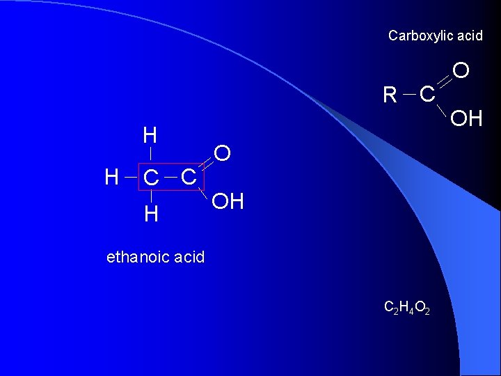 Carboxylic acid R C H H C C H O OH ethanoic acid C