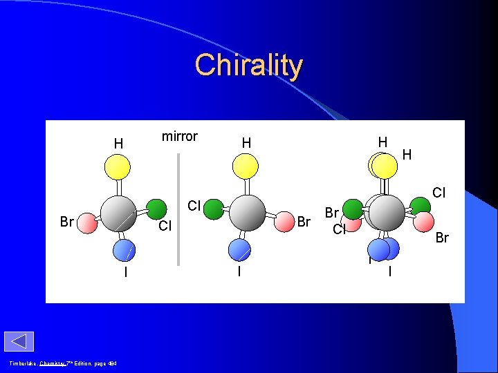 Chirality H mirror H H Cl Cl Br Timberlake, Chemistry 7 th Edition, page