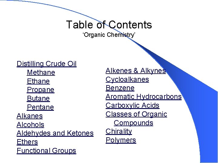 Table of Contents ‘Organic Chemistry’ Distilling Crude Oil Methane Ethane Propane Butane Pentane Alkanes