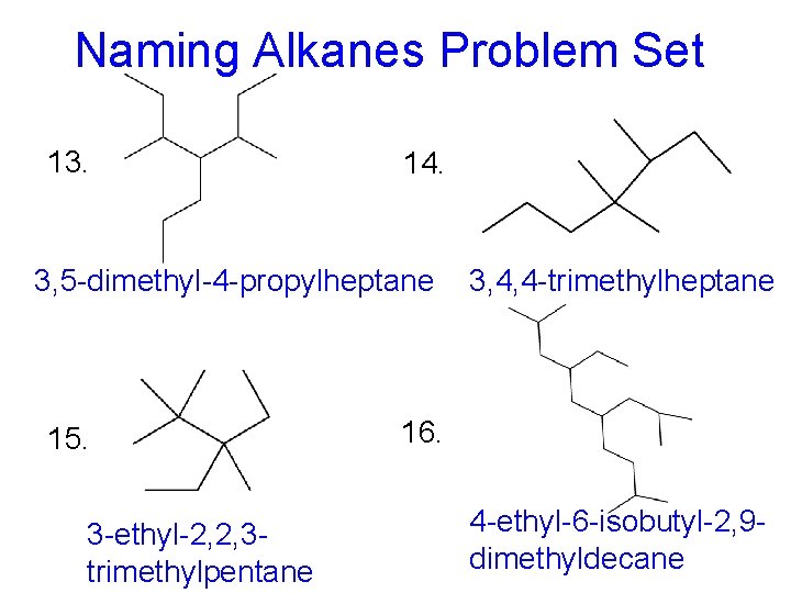Naming Alkanes Problem Set 13. 14. 3, 5 -dimethyl-4 -propylheptane 15. 3 -ethyl-2, 2,
