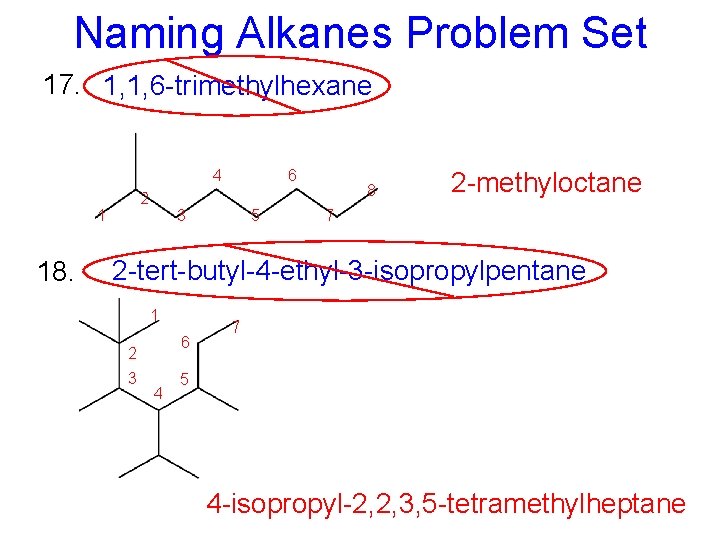 Naming Alkanes Problem Set 17. 1, 1, 6 -trimethylhexane 4 2 1 18. 6