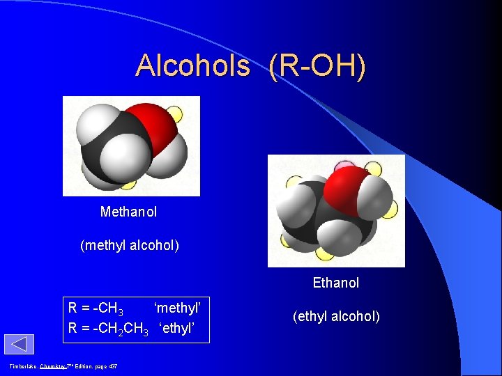 Alcohols (R-OH) Methanol (methyl alcohol) Ethanol R = -CH 3 ‘methyl’ R = -CH