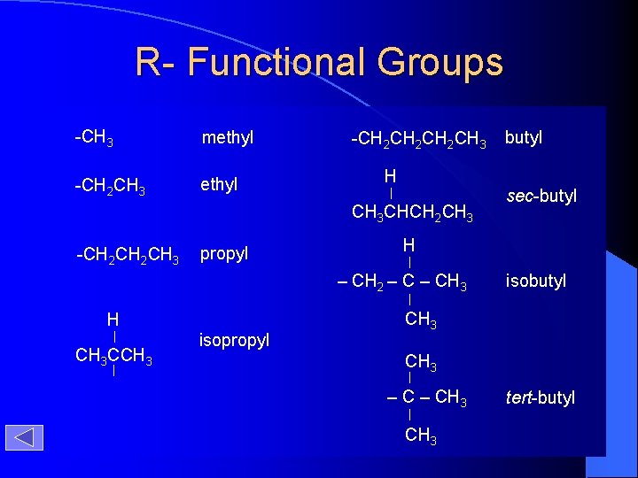 R- Functional Groups -CH 3 methyl -CH 2 CH 3 ethyl -CH 2 CH