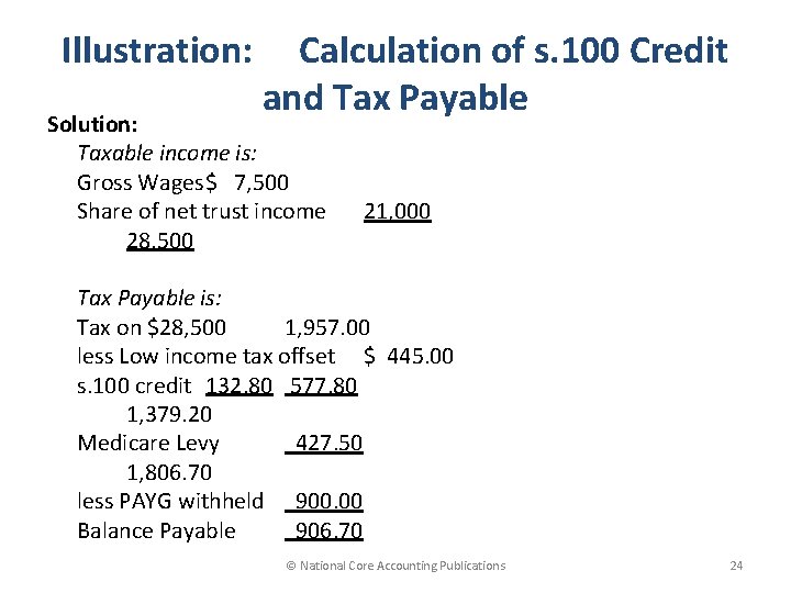 Illustration: Calculation of s. 100 Credit and Tax Payable Solution: Taxable income is: Gross