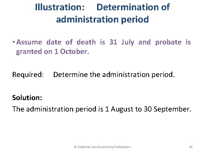 Illustration: Determination of administration period • Assume date of death is 31 July and