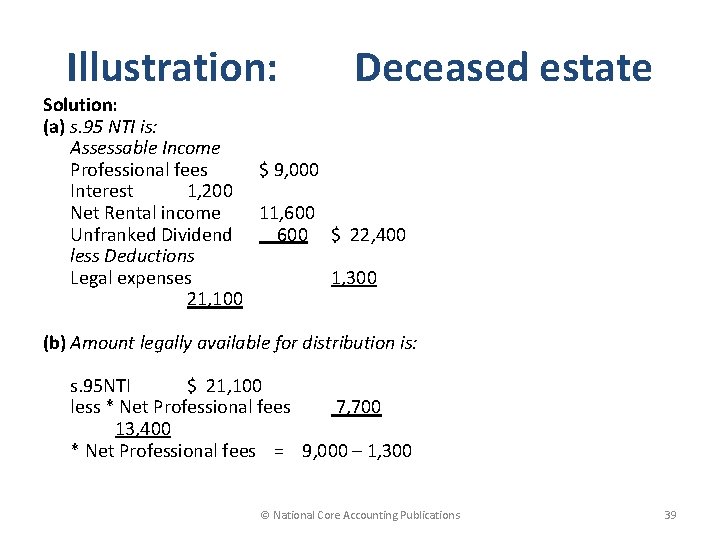 Illustration: Deceased estate Solution: (a) s. 95 NTI is: Assessable Income Professional fees $