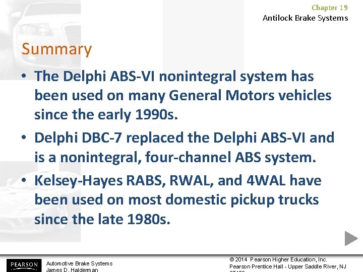 Chapter 19 Antilock Brake Systems Summary • The Delphi ABS-VI nonintegral system has been