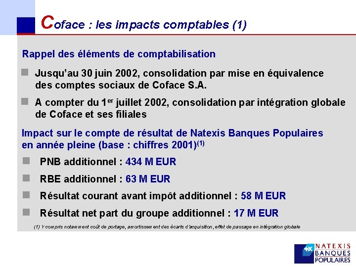 Coface : les impacts comptables (1) Rappel des éléments de comptabilisation n Jusqu’au 30