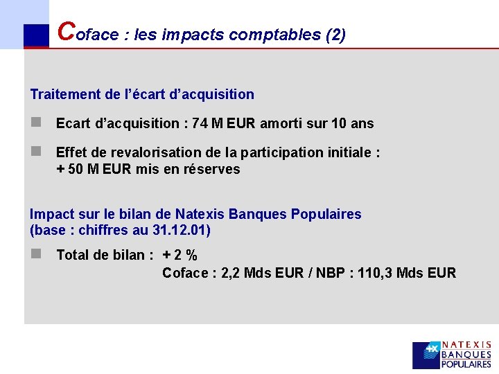 Coface : les impacts comptables (2) Traitement de l’écart d’acquisition n Ecart d’acquisition :