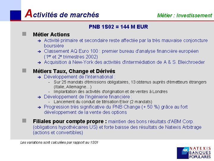 Activités de marchés Métier : Investissement PNB 1 S 02 = 144 M EUR