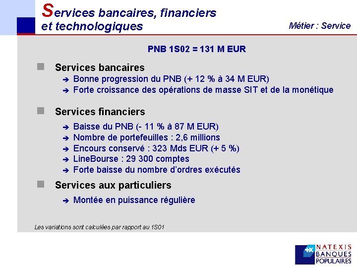 Services bancaires, financiers et technologiques Métier : Service PNB 1 S 02 = 131