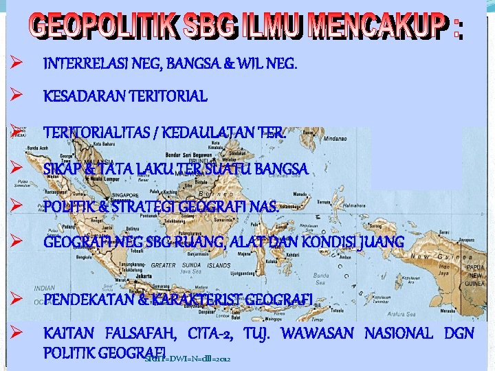 Ø INTERRELASI NEG, BANGSA & WIL NEG. Ø KESADARAN TERITORIAL Ø TERITORIALITAS / KEDAULATAN