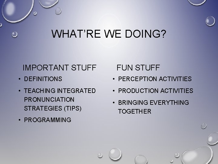 WHAT’RE WE DOING? IMPORTANT STUFF FUN STUFF • DEFINITIONS • PERCEPTION ACTIVITIES • TEACHING