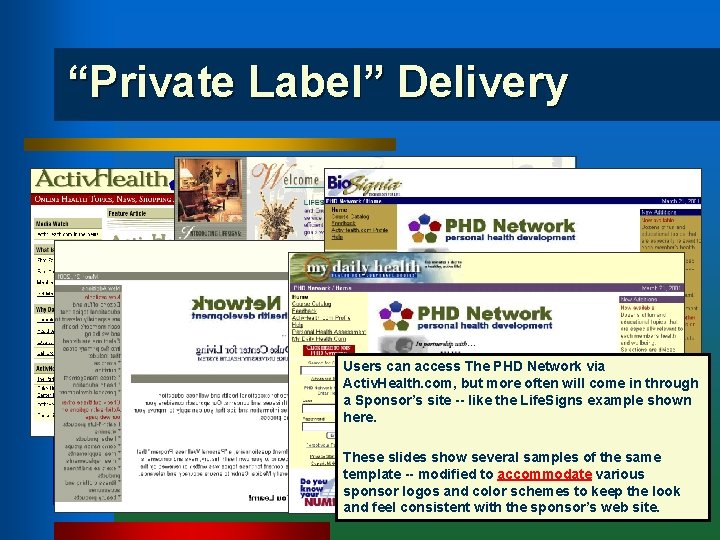 “Private Label” Delivery Users can access The PHD Network via Activ. Health. com, but