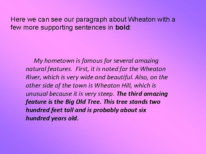 Here we can see our paragraph about Wheaton with a few more supporting sentences