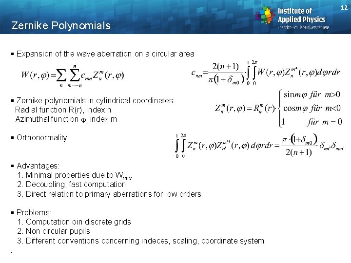 12 Zernike Polynomials § Expansion of the wave aberration on a circular area §