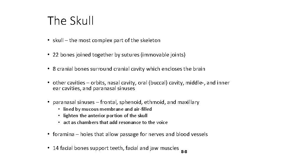 The Skull • skull – the most complex part of the skeleton • 22