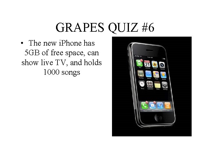 GRAPES QUIZ #6 • The new i. Phone has 5 GB of free space,