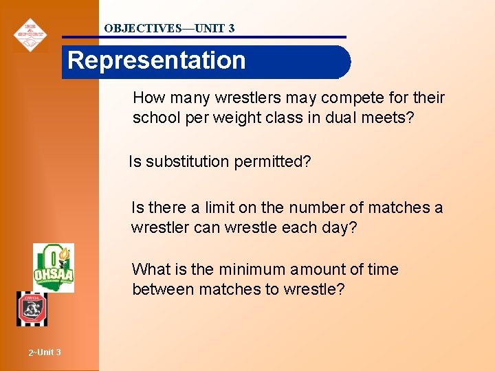 OBJECTIVES—UNIT 3 Representation How many wrestlers may compete for their school per weight class