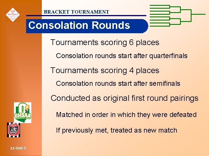 BRACKET TOURNAMENT Consolation Rounds Tournaments scoring 6 places Consolation rounds start after quarterfinals Tournaments