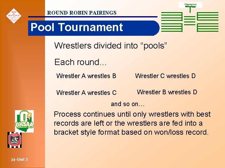 Champion ROUND ROBIN PAIRINGS Pool Tournament Wrestlers divided into “pools” Each round… Wrestler A