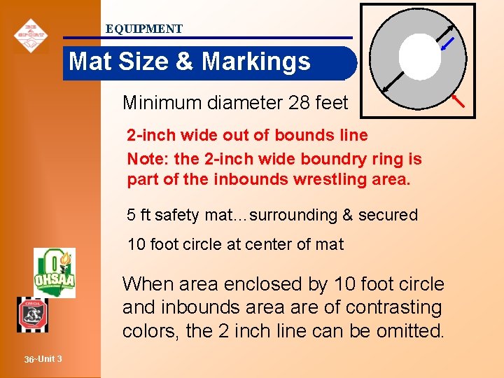 EQUIPMENT Mat Size & Markings Minimum diameter 28 feet 2 -inch wide out of