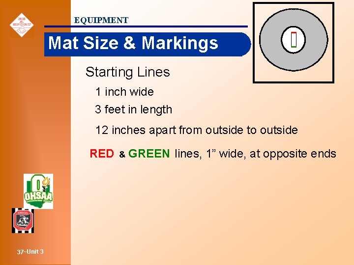 EQUIPMENT Mat Size & Markings Starting Lines 1 inch wide 3 feet in length