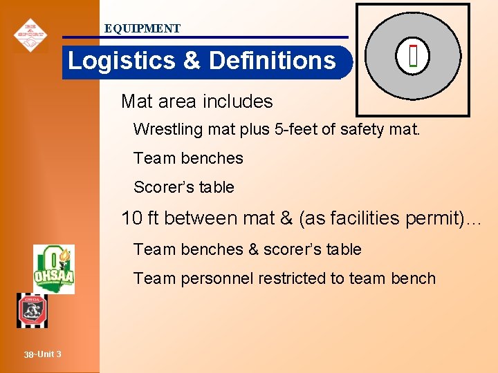 EQUIPMENT Logistics & Definitions Mat area includes Wrestling mat plus 5 -feet of safety