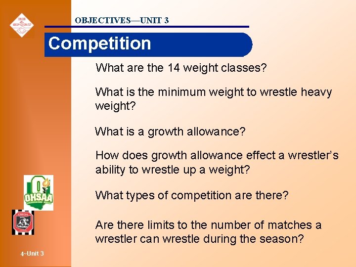 OBJECTIVES—UNIT 3 Competition What are the 14 weight classes? What is the minimum weight