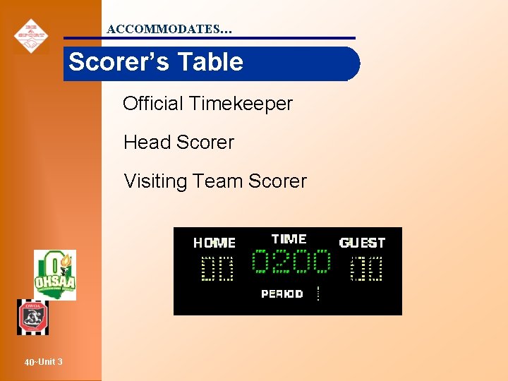 ACCOMMODATES… Scorer’s Table Official Timekeeper Head Scorer Visiting Team Scorer 40~Unit 3 