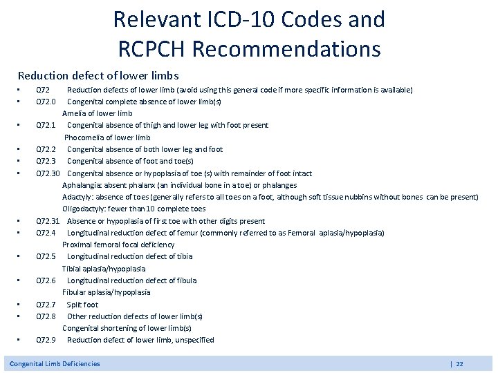 Relevant ICD-10 Codes and RCPCH Recommendations Reduction defect of lower limbs • Q 72