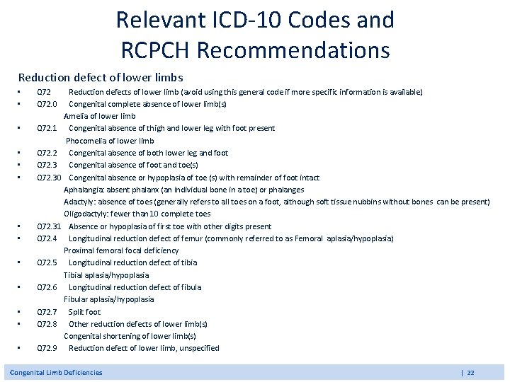 Relevant ICD-10 Codes and RCPCH Recommendations Reduction defect of lower limbs • Q 72 Relevant ICD-10 Codes and RCPCH Recommendations Reduction defect of lower limbs • Q 72