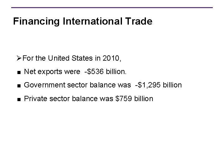 Financing International Trade ØFor the United States in 2010, < Net exports were -$536